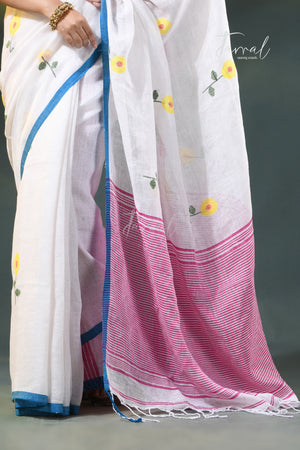 White with blue & pink border pure linen handwoven jamdani saree