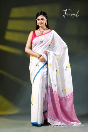 White with blue & pink border pure linen handwoven jamdani saree