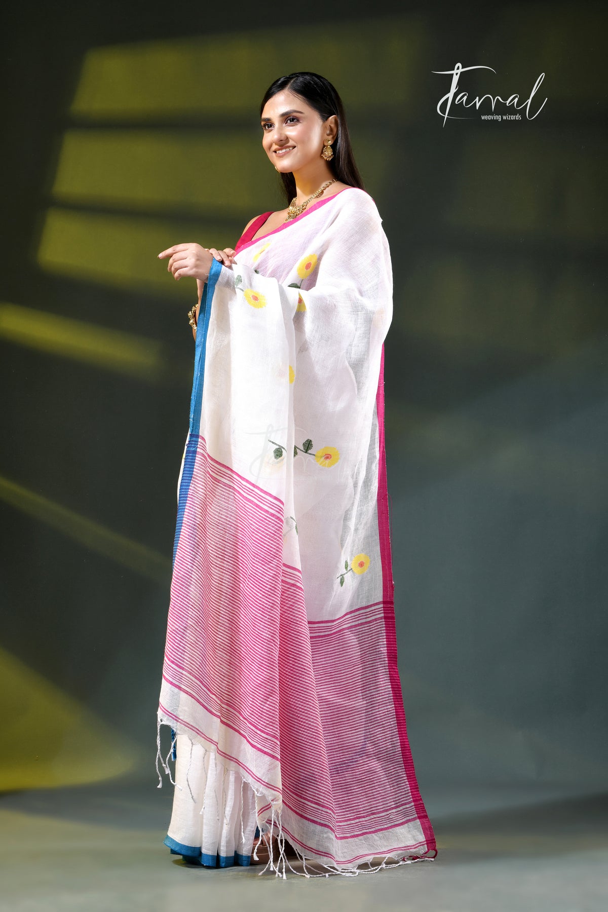 White with blue & pink border pure linen handwoven jamdani saree
