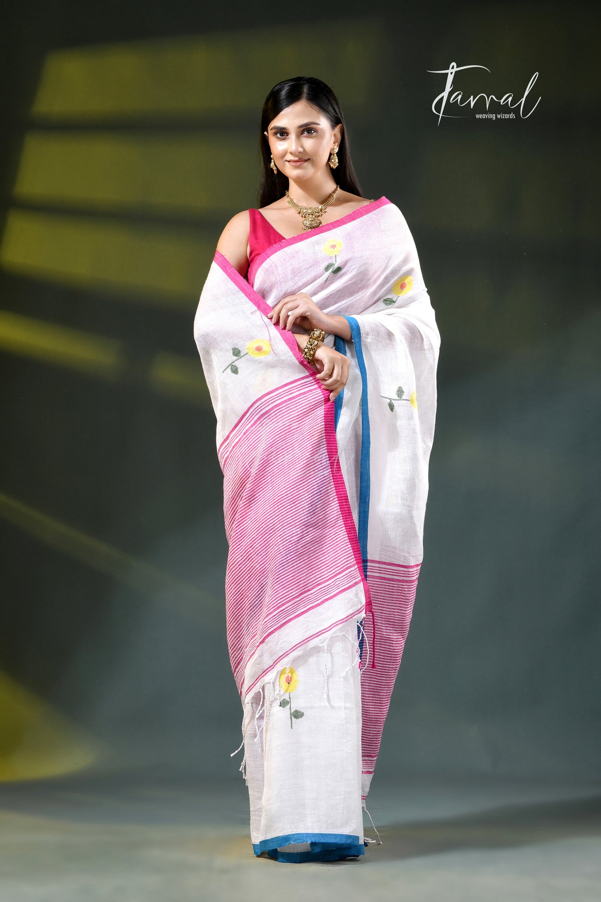 White with blue & pink border pure linen handwoven jamdani saree