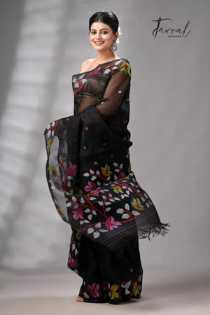 Black with multicolour Muslin Silk Jamdani Saree with Floral Motifs