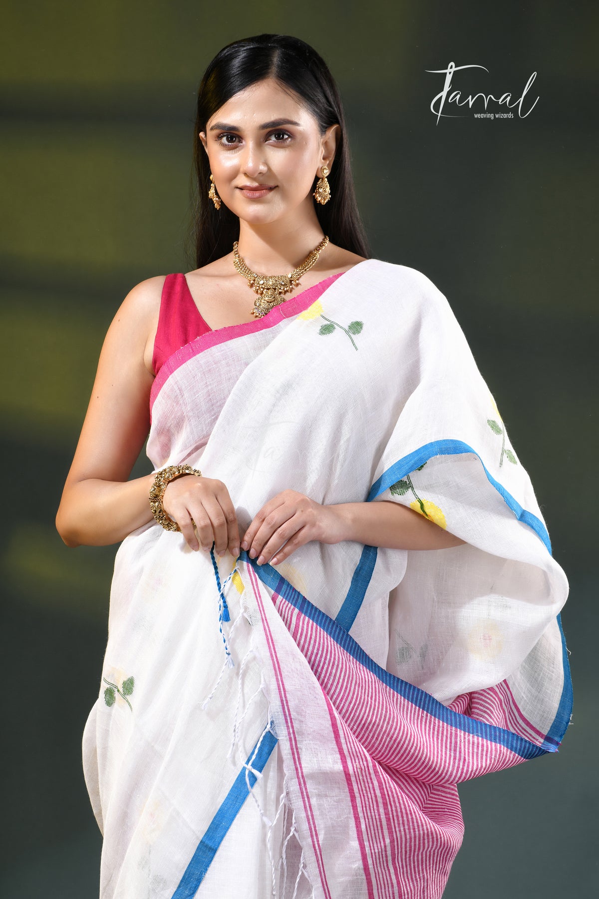 White with blue & pink border pure linen handwoven jamdani saree