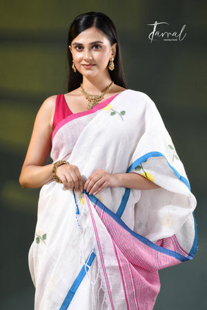 White with blue & pink border pure linen handwoven jamdani saree