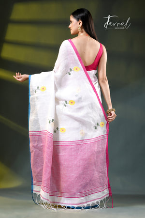 White with blue & pink border pure linen handwoven jamdani saree