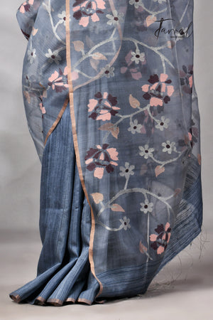 Grey With Silver Zari Work Half Muslin With Half Matka Handwoven Jamdani Saree