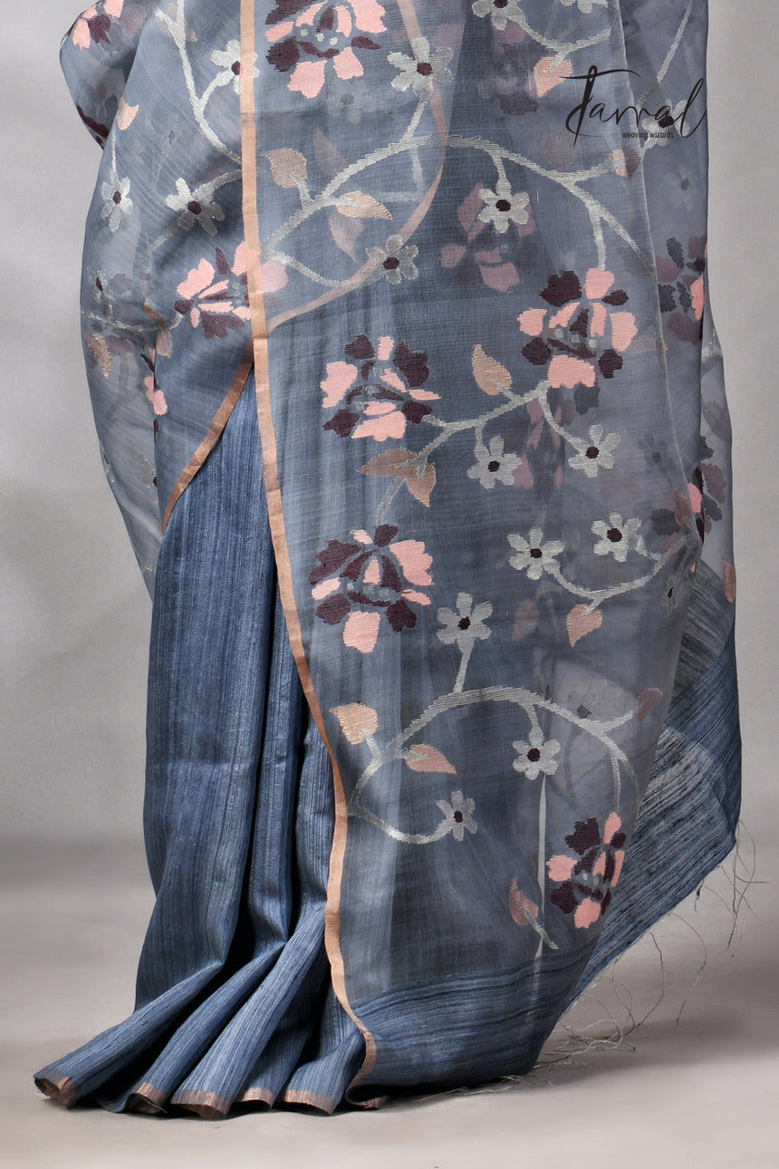 Grey With Silver Zari Work Half Muslin With Half Matka Handwoven Jamdani Saree