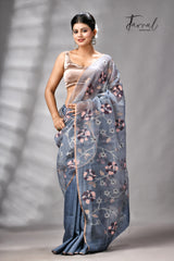 Grey With Silver Zari Work Half Muslin With Half Matka Handwoven Jamdani Saree