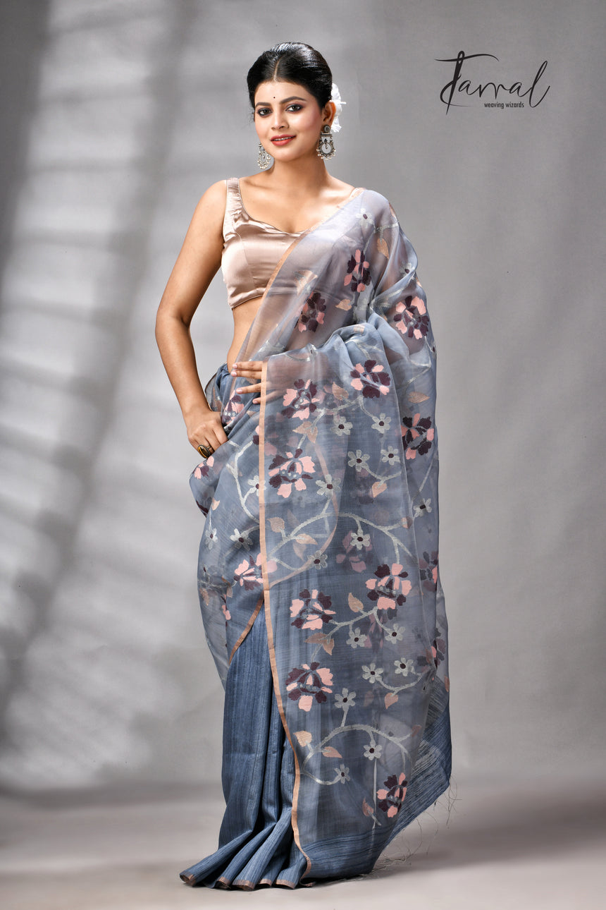Grey With Silver Zari Work Half Muslin With Half Matka Handwoven Jamdani Saree