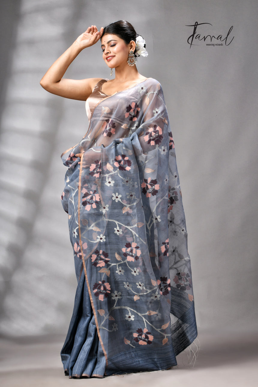 Grey With Silver Zari Work Half Muslin With Half Matka Handwoven Jamdani Saree