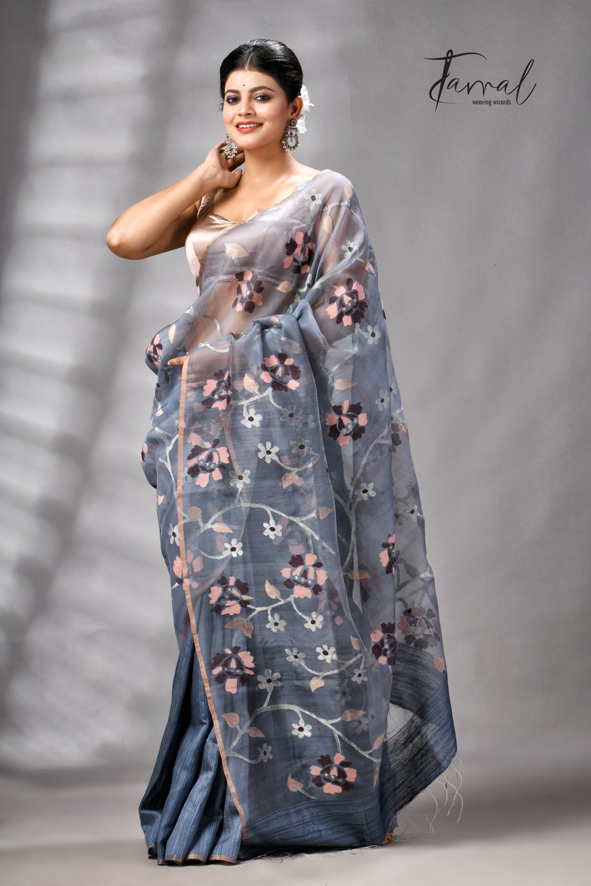 Grey With Silver Zari Work Half Muslin With Half Matka Handwoven Jamdani Saree
