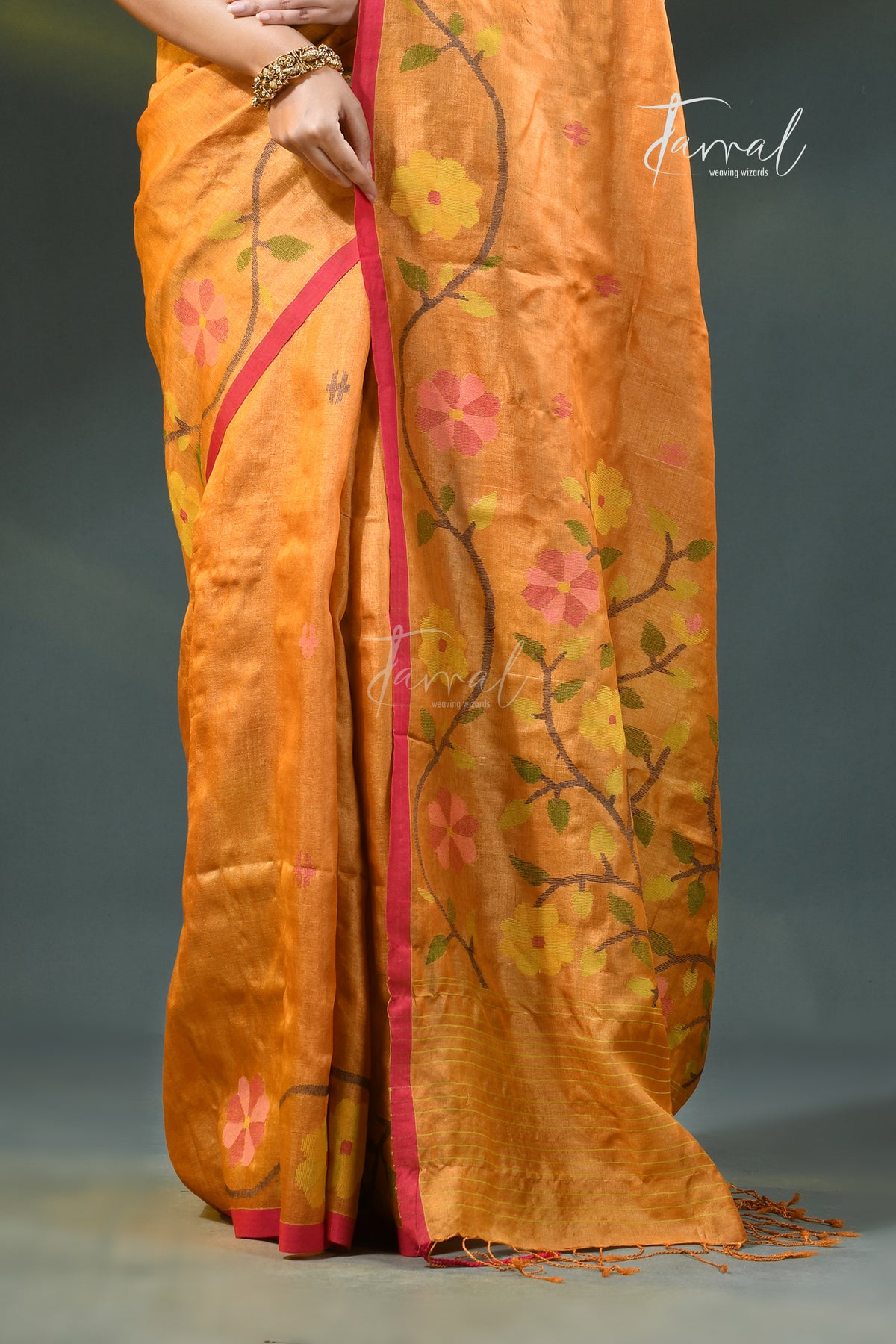 Saffron With Multi Colour Pure Tussar Silk Handwoven Jamdani Saree