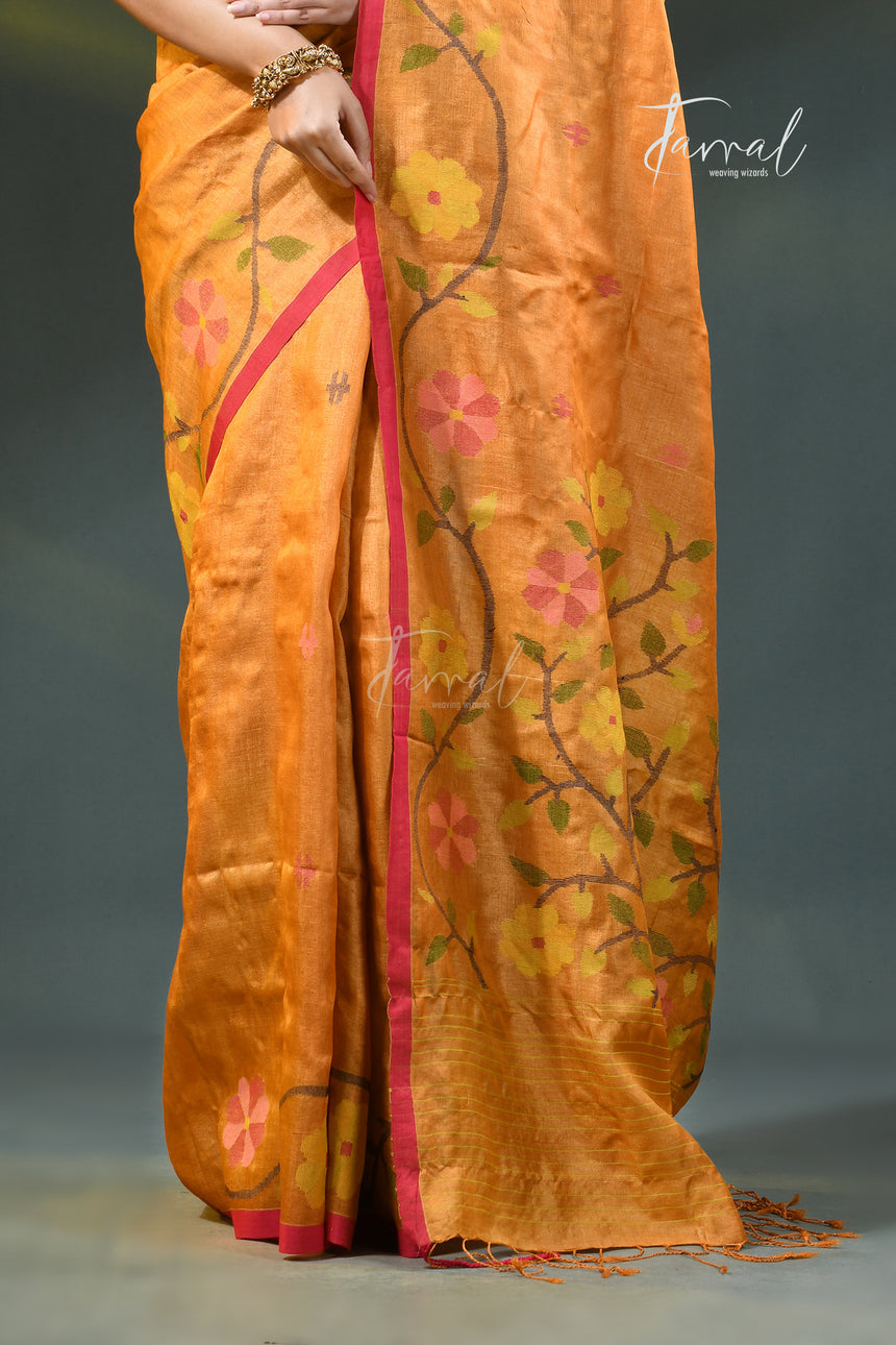 Saffron With Multi Colour Pure Tussar Silk Handwoven Jamdani Saree