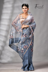 Grey With Silver Zari Work Half Muslin With Half Matka Handwoven Jamdani Saree