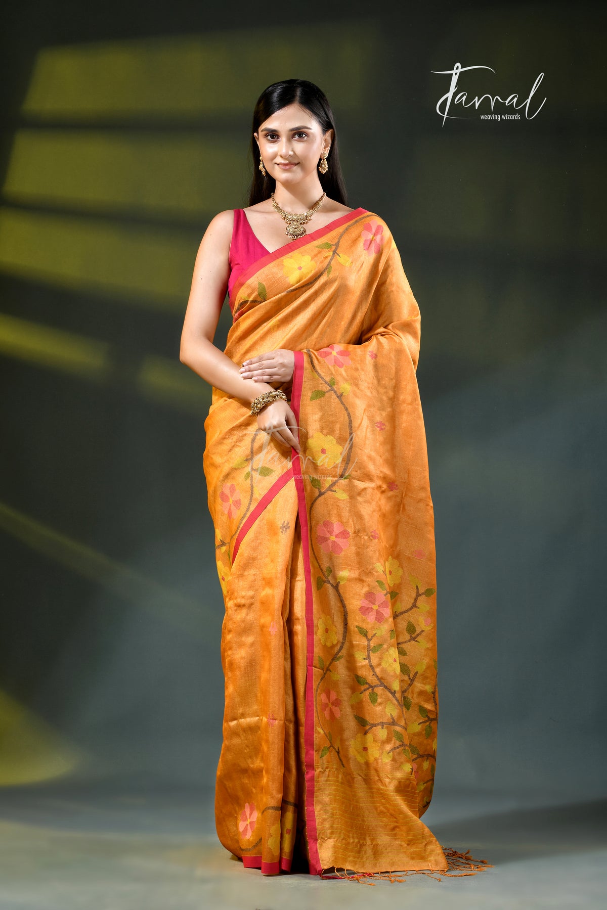 Saffron With Multi Colour Pure Tussar Silk Handwoven Jamdani Saree