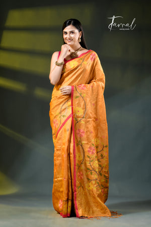 Saffron With Multi Colour Pure Tussar Silk Handwoven Jamdani Saree
