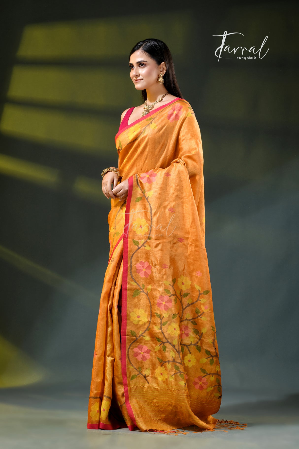 Golden yellow with Rani border pure tussar silk handwoven needlework jamdani saree