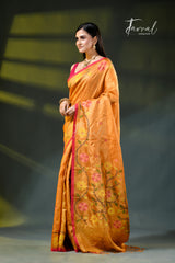 Golden yellow with Rani border pure tussar silk handwoven needlework jamdani saree