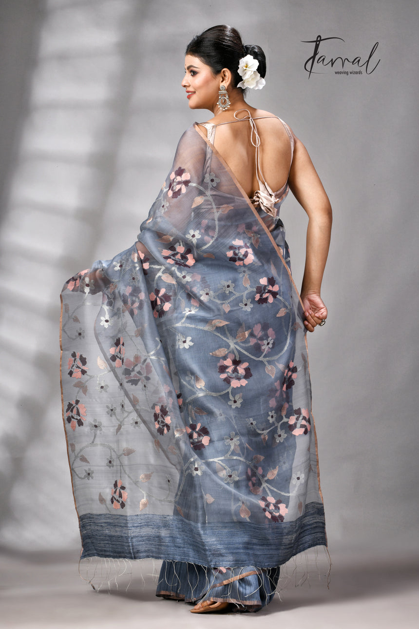 Grey With Silver Zari Work Half Muslin With Half Matka Handwoven Jamdani Saree