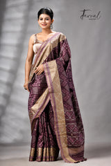 Chocolate Brown Raw Silk Pochampally Weaved Saree