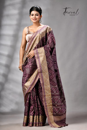 Chocolate Brown Raw Silk Pochampally Weaved Saree