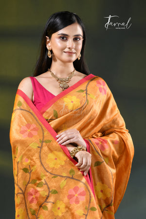 Saffron With Multi Colour Pure Tussar Silk Handwoven Jamdani Saree
