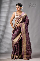 Chocolate Brown Raw Silk Pochampally Weaved Saree