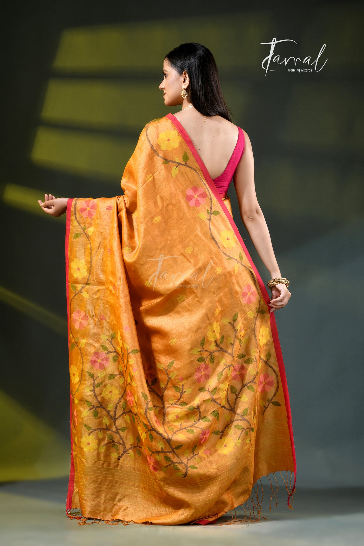 Saffron With Multi Colour Pure Tussar Silk Handwoven Jamdani Saree