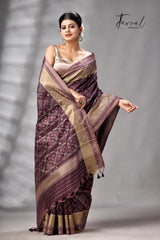 Chocolate Brown Raw Silk Pochampally Weaved Saree