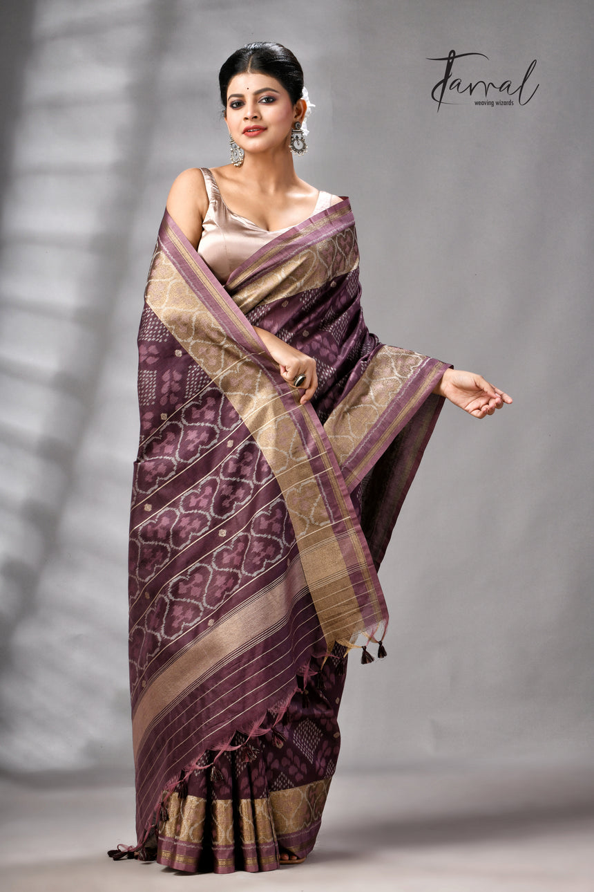 Chocolate Brown Raw Silk Pochampally Weaved Saree
