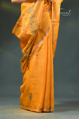 Golden yellow with Rani border pure tussar silk handwoven needlework jamdani saree