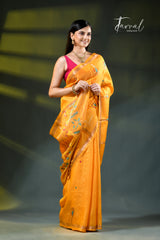 Golden yellow with Rani border pure tussar silk handwoven needlework jamdani saree