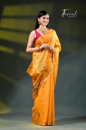 Golden yellow with Rani border pure tussar silk handwoven needlework jamdani saree