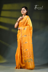 Golden yellow with Rani border pure tussar silk handwoven needlework jamdani saree