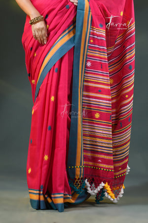 Red Golden Zari Border Cotton Bhujori Handloom Saree | Tamal Boutique