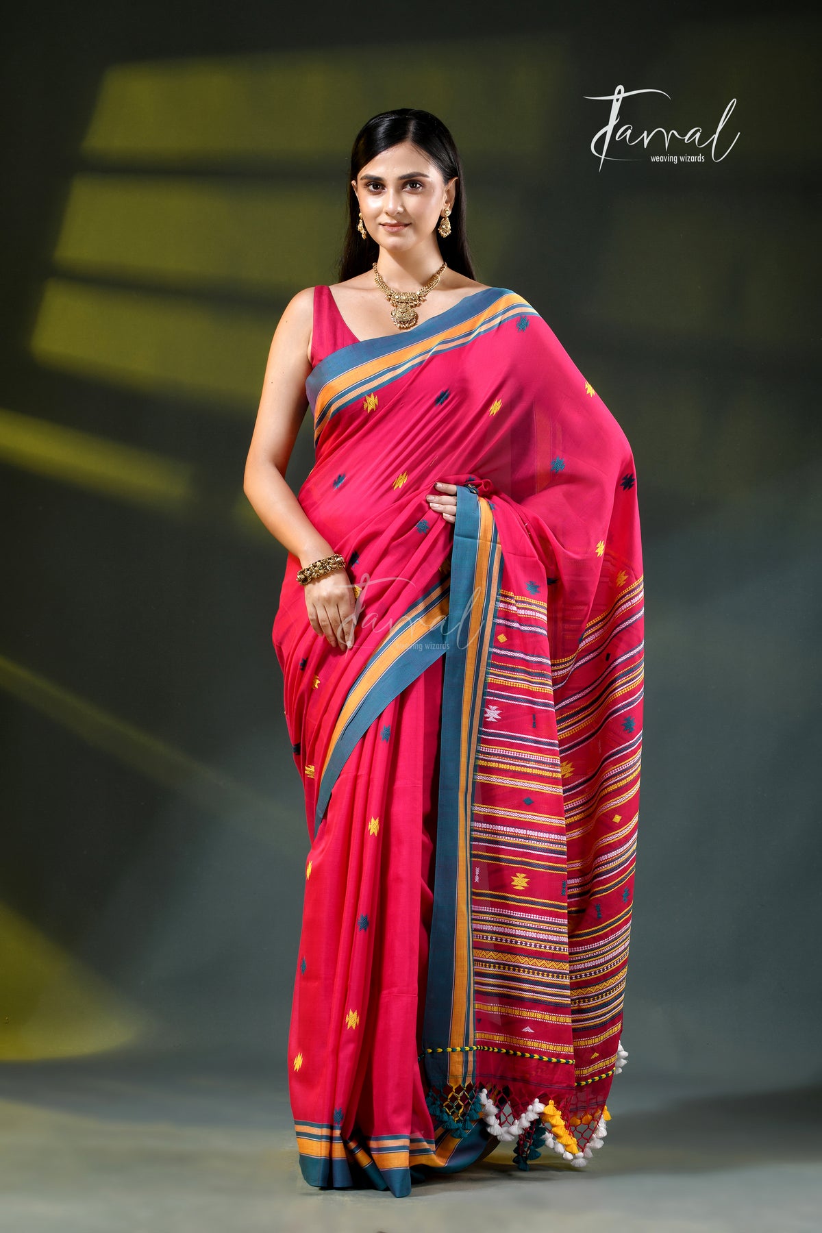 Red Golden Zari Border Cotton Bhujori Handloom Saree | Tamal Boutique