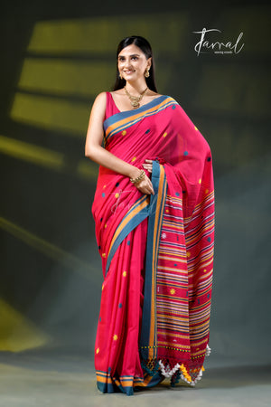 Red Golden Zari Border Cotton Bhujori Handloom Saree | Tamal Boutique