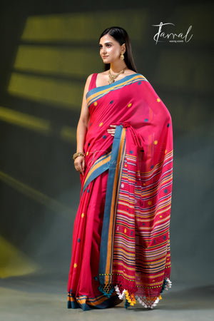 Red Golden Zari Border Cotton Bhujori Handloom Saree | Tamal Boutique