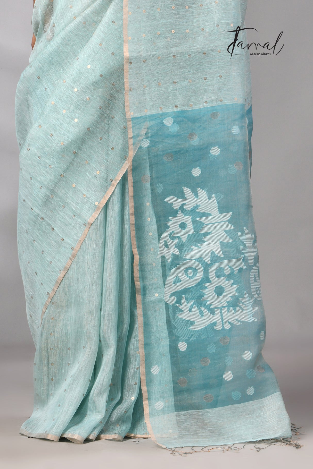Sea Blue Tissue Silk Linen Handwoven Needle Work Jamdani Saree