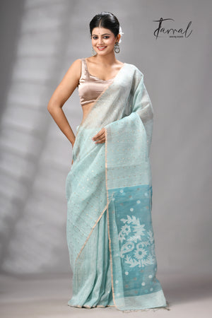 Sea Blue Tissue Silk Linen Handwoven Needle Work Jamdani Saree