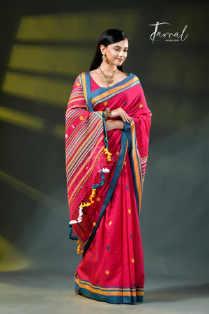 Red Golden Zari Border Cotton Bhujori Handloom Saree | Tamal Boutique
