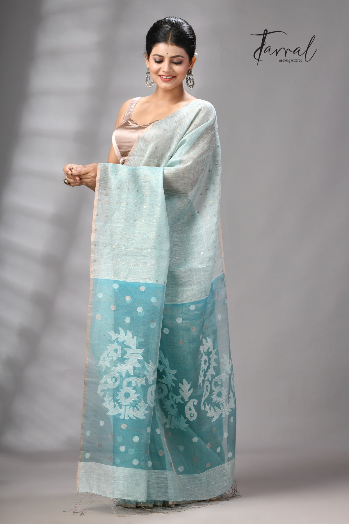 Sea Blue Tissue Silk Linen Handwoven Needle Work Jamdani Saree