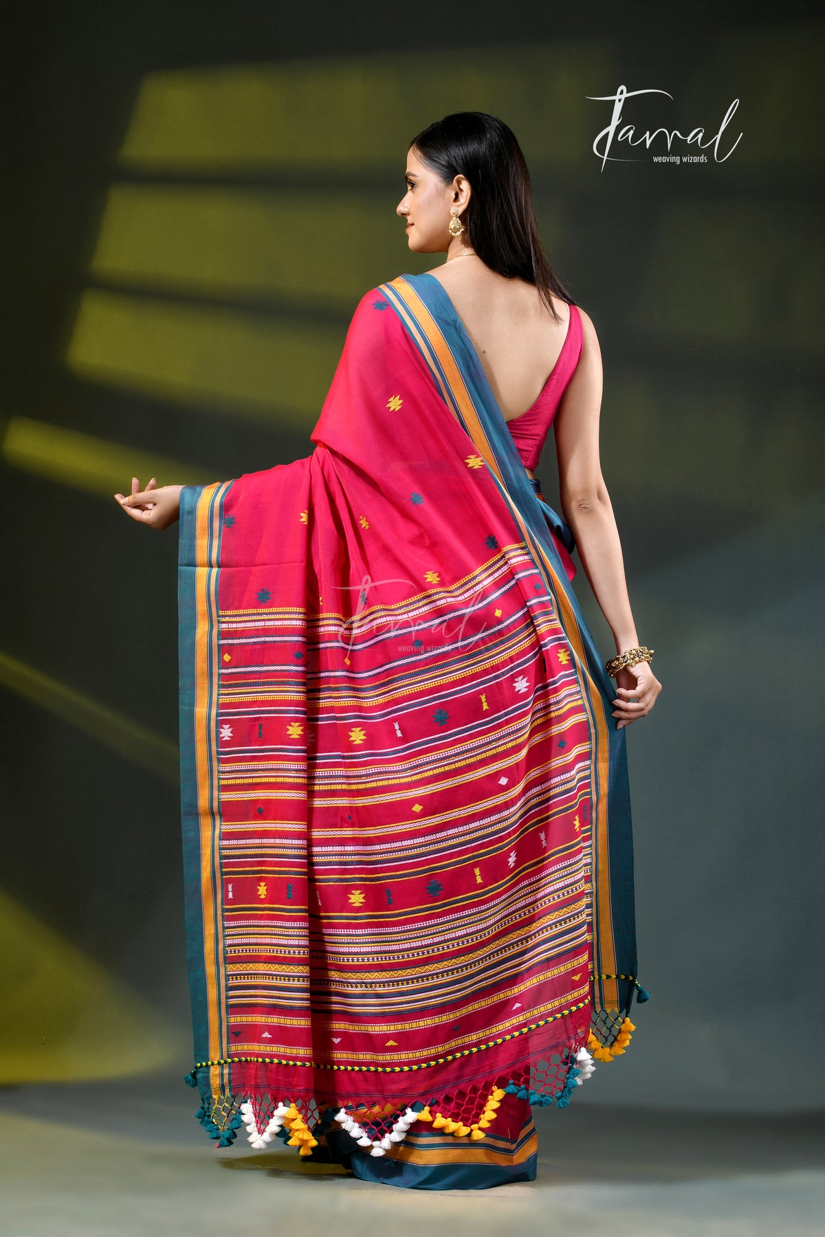 Red Golden Zari Border Cotton Bhujori Handloom Saree | Tamal Boutique