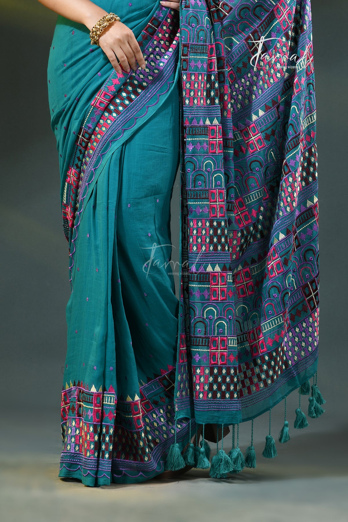 Deep turquoise mulmul cotton lambani embroidery saree