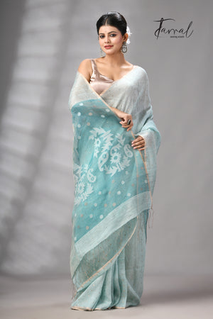 Sea Blue Tissue Silk Linen Handwoven Needle Work Jamdani Saree
