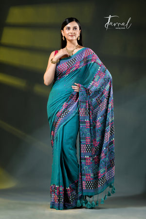 Deep turquoise mulmul cotton lambani embroidery saree