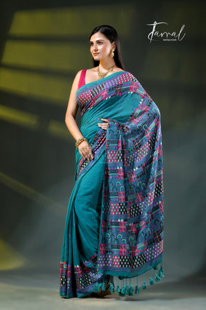 Deep turquoise mulmul cotton lambani embroidery saree