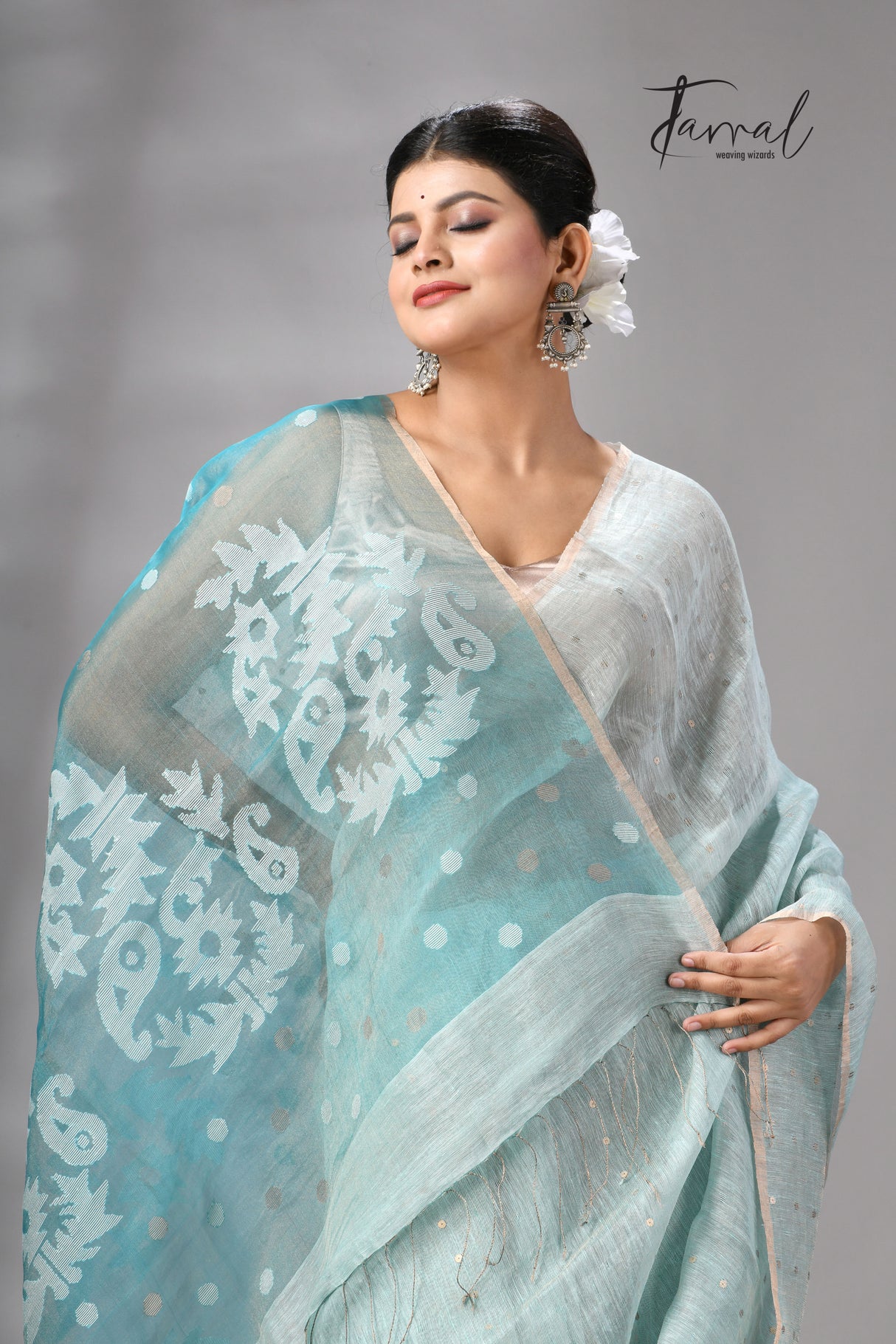 Sea Blue Tissue Silk Linen Handwoven Needle Work Jamdani Saree