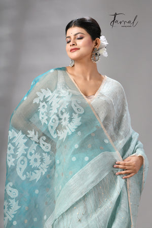 Sea Blue Tissue Silk Linen Handwoven Needle Work Jamdani Saree