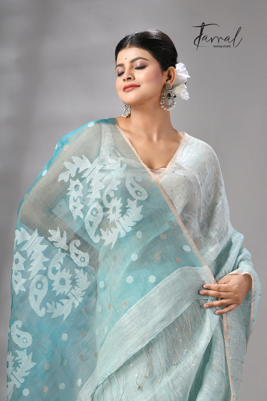 Sea Blue tissue silk linen handwoven needle work jamdani saree