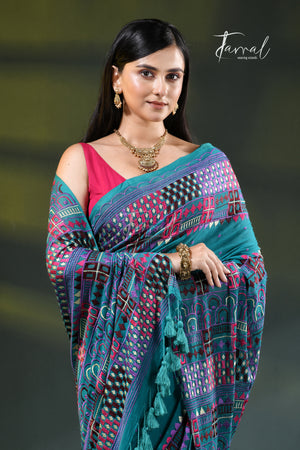 Deep turquoise mulmul cotton lambani embroidery saree